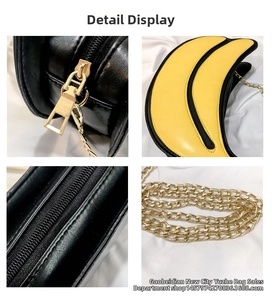Detailed views of moon-shaped shoulder bag featuring yellow leather and gold chain strap