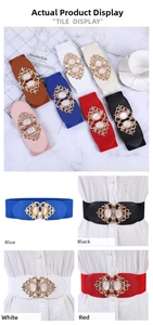 Detailed view of elastic waist belts featuring vintage metal buckles with pearl inlay
