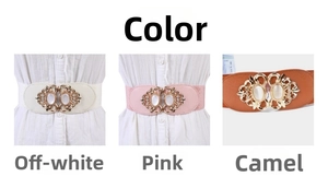 Detailed view of elastic waist belts in cream, pink and camel with vintage gold buckles