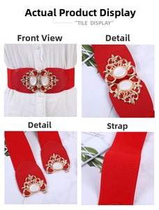 Detail of red elastic waist belt with vintage gold floral buckle and white opal accents