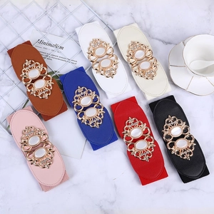 Women's Wide Elastic Waist Belt Elegant Hollow Carved Gold Buckle Cinch Belt With Rhinestones For Dresses Fashion Decoration