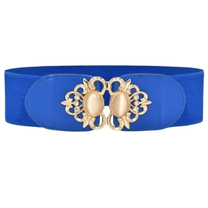 Blue elastic wide waist belt for women with elegant gold filigree buckle and rhinestones