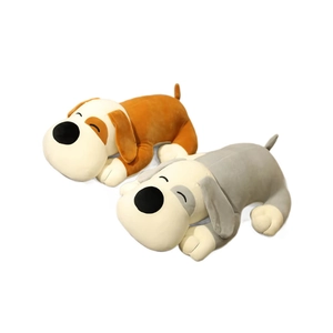 Lying plush puppy doll skin in brown and grey colors with cute sleeping closed eyes design