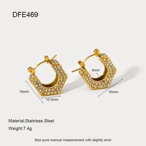 Detailed size specifications of 18K gold plated hexagon earrings with colorful rhinestones