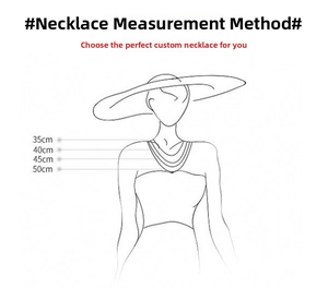 Size chart showing necklace length positions from 35cm to 50cm on a neck diagram