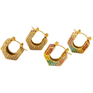 18K gold plated hexagonal hoop earrings with rainbow and clear crystals