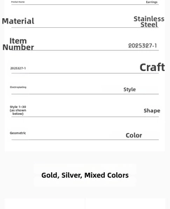 Detailed specifications table for geometric stainless steel earrings with plating details