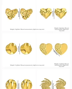Detail view of six gold-plated earrings showing heart and geometric textured designs