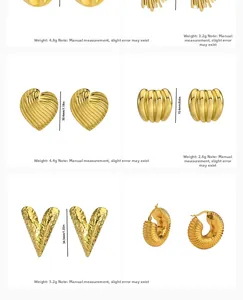 Detailed size and weight chart for six styles of gold stainless steel hoop earrings