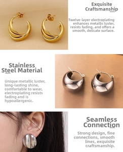 Detailed view of triple-layered gold curved earrings and polished silver textured studs