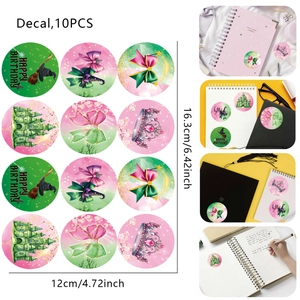 Detail of 10PCS witch-themed birthday stickers featuring castles and hats in pink and green