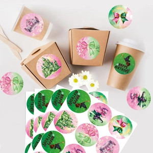 Detail of Witch themed birthday stickers for party favors and gift box decorations