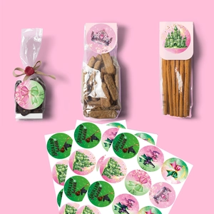 Detail showing witch theme Happy Birthday stickers on food packaging and a sticker sheet
