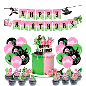 Witch themed birthday party set with banner, balloons, and cake toppers in pink and green