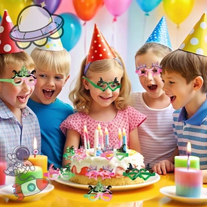 Kids witch theme party glasses set with heart and star shapes for birthday fun