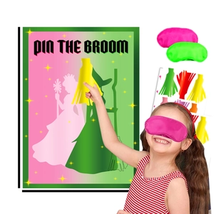 Pin the Broom party game set including poster, eye masks and colorful broom stickers
