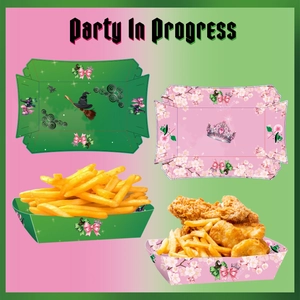 Detail of witch-themed and crown-style food trays showing actual use for party snacks