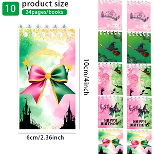Detailed size guide for 10-pack mini spiral notebooks featuring witch theme cover designs