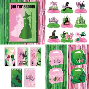 Detail view of witch birthday party decor with honeycombs, gift boxes and game poster