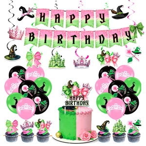 Witch theme birthday party set with Happy Birthday banner, colorful balloons and cake toppers