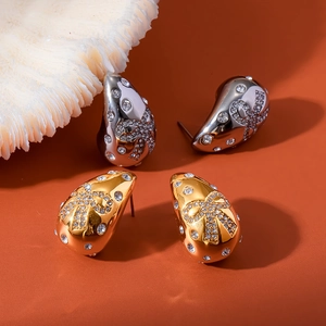 Sparkling pavé bow teardrop stud earrings in 18K gold and silver stainless steel