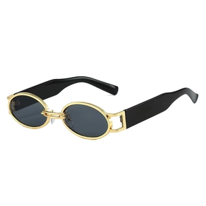 Retro oval sunglasses with gold metal frame and black wide temples in 45-degree view