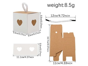 Detailed size chart for kraft paper gift box with heart cutout and white cotton handle
