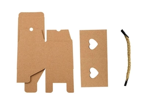 DIY brown kraft paper gift box components with dual heart-shaped cutout and woven handle