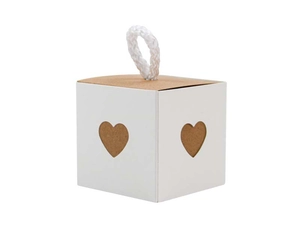 Detail of white kraft paper gift box featuring heart cutout and woven rope handle