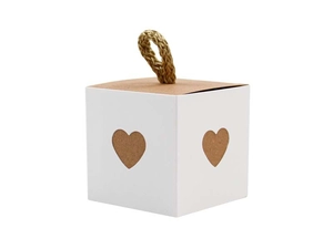 Detail of white kraft paper gift box featuring heart hollow design and hemp rope handle