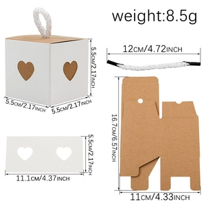DIY brown kraft wedding candy box with white hollow heart sleeve and 5.5cm cube dimensions