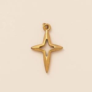 Macro view of 18k gold plated four-pointed star pendant with geometric hollow design