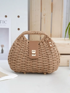 Japanische Stroh-Handtasche mit brauner Lederklappe und goldenem Drehverschluss