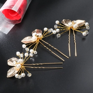 Three-piece vintage gold leaf hair pins set with white pearls and crystals for bridal hair