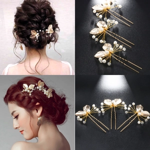 Bridal Hair Pin Artificial Pearl Alloy Leaf U Shaped Hair Fork Retro Wedding Headpiece Handmade Crystal Hair Accessories Women