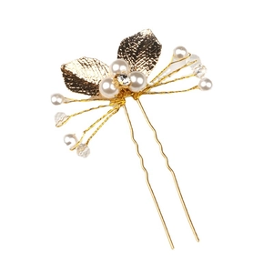 Golden leaf U-shaped bridal hair pin with pearls and crystal rhinestones on white background