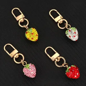 Strawberry Keychain Rhinestone Sparkling Metal Fruit Bag Charm For Women Gift Cute Colorful