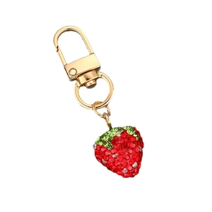 Sparkling strawberry keychain with red and green rhinestones and gold-tone metal clasp