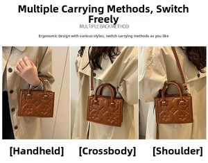 Brown retro square handbag showing three carrying ways: handheld, crossbody, and shoulder