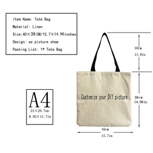 Linen tote bag 40x38cm size guide with black handles and customizable surface