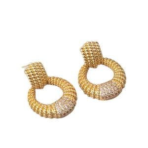 Luxurious gold circular rope earrings with micro-paved crystals and 925 silver posts