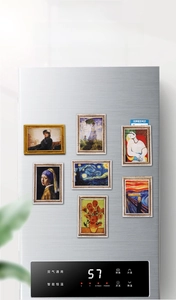 Detailed view of 3D resin fridge magnets featuring world famous classic oil painting arts