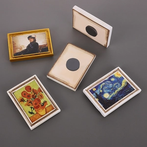 3D miniature resin world painting fridge magnets with gold embossed frames and strong magnets