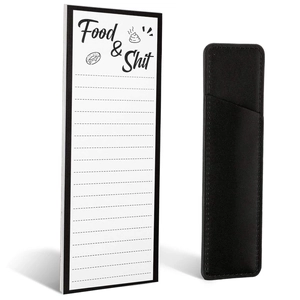 Macro shot of magnetic notepad with Food & Shit text and black leather sleeve protector