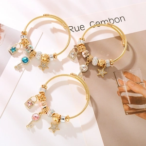 Bracciale Charm in Lega di Acciaio Inossidabile Regolabile con Pendente a Stella Chiave e Serratura Strass Gioielli Donna