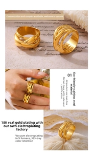 Detail of 18k gold plated stainless steel ring with hollow interlaced lines and vacuum plating