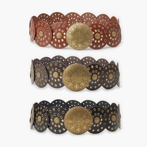Women Wide Waist Belt Vintage Western Cowboy Style Embossed Metal Buckle Hollow Out PU Leather Round Patch Decorative