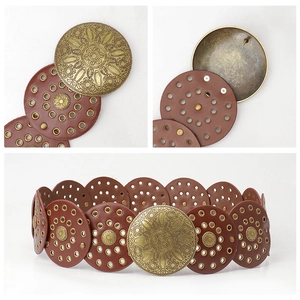 Western retro hollowed-out wide belt with vintage floral embossed gold metal buckle