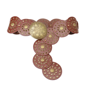 Vintage western leather belt with hollow circular discs and a large floral buckle