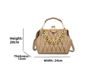 Detailed size map of beige quilted handbag with gold chain showing height and width
